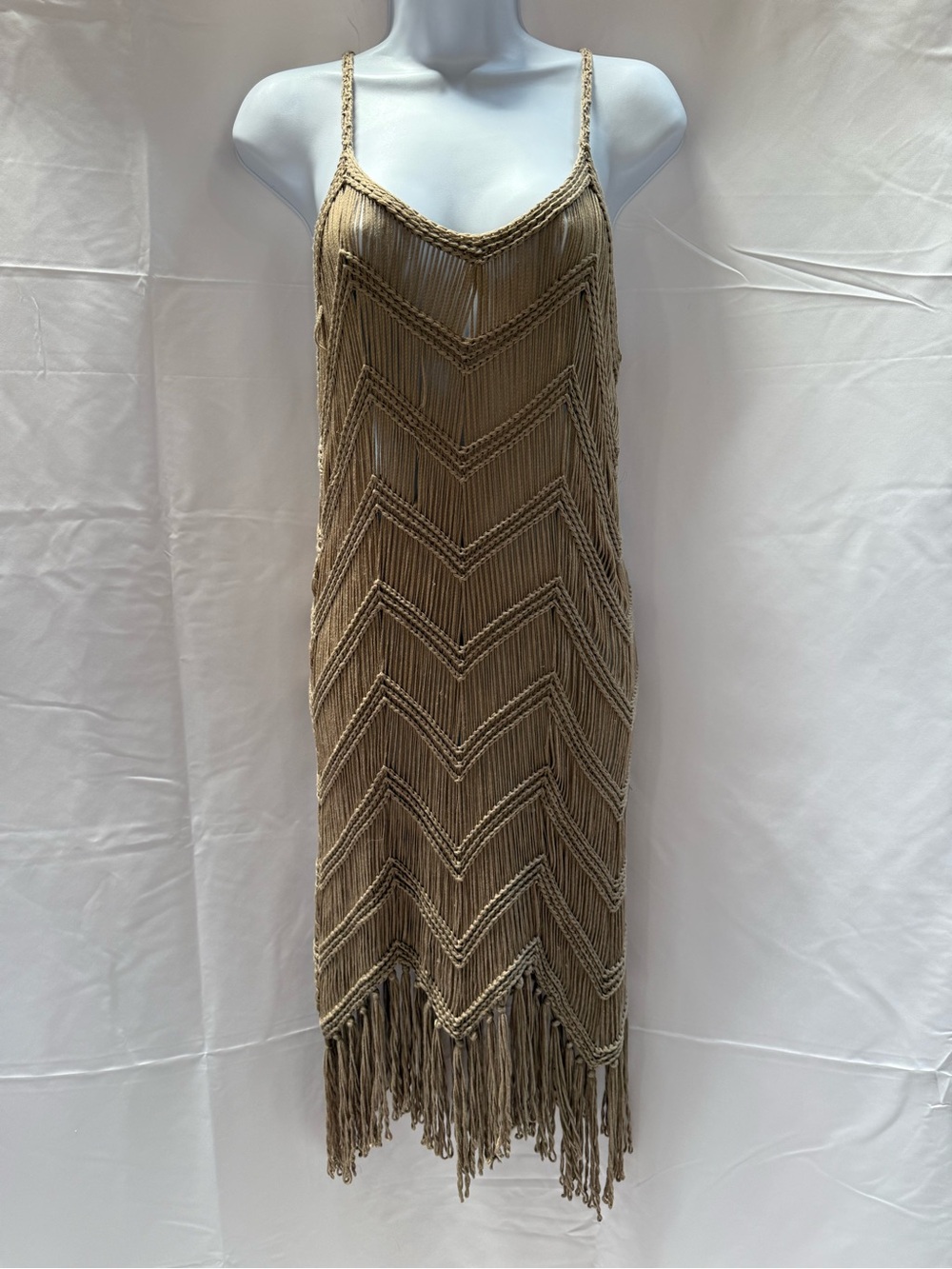 Source Unknown Tan Fringed Chevron Midi Dress